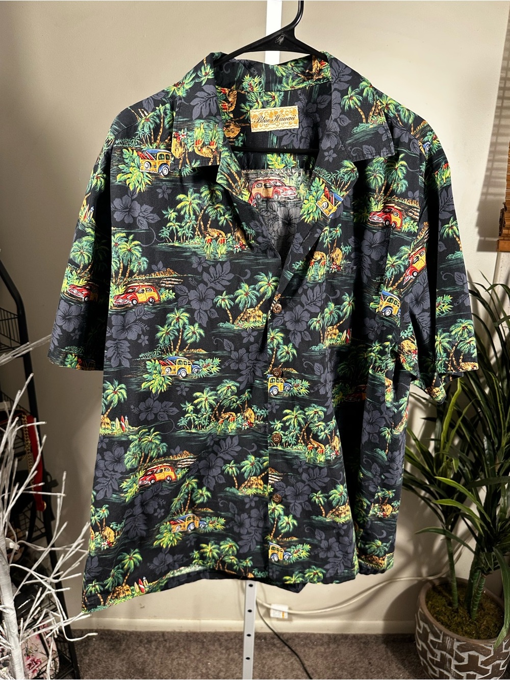 229. Blue Hawaii- Vintage Black Hawaiian Shirt with Tropical Car Print
